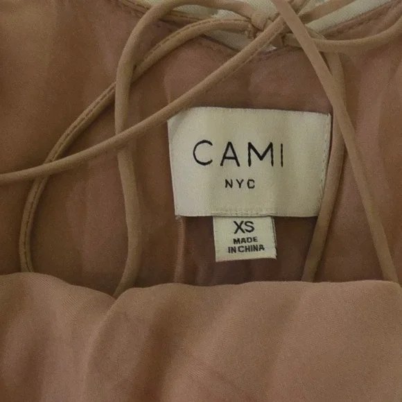 CAMI NYC Polka Dot Slip Myla Midi Dress Tan White XS Spaghetti Straps Tie Back - Picture 5 of 6